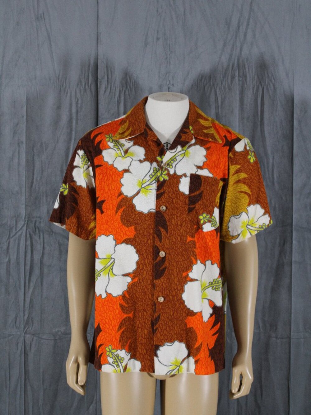 Vintage Hawaiian Shirt - Thick Cotton White Floral on Brown - Men's Large